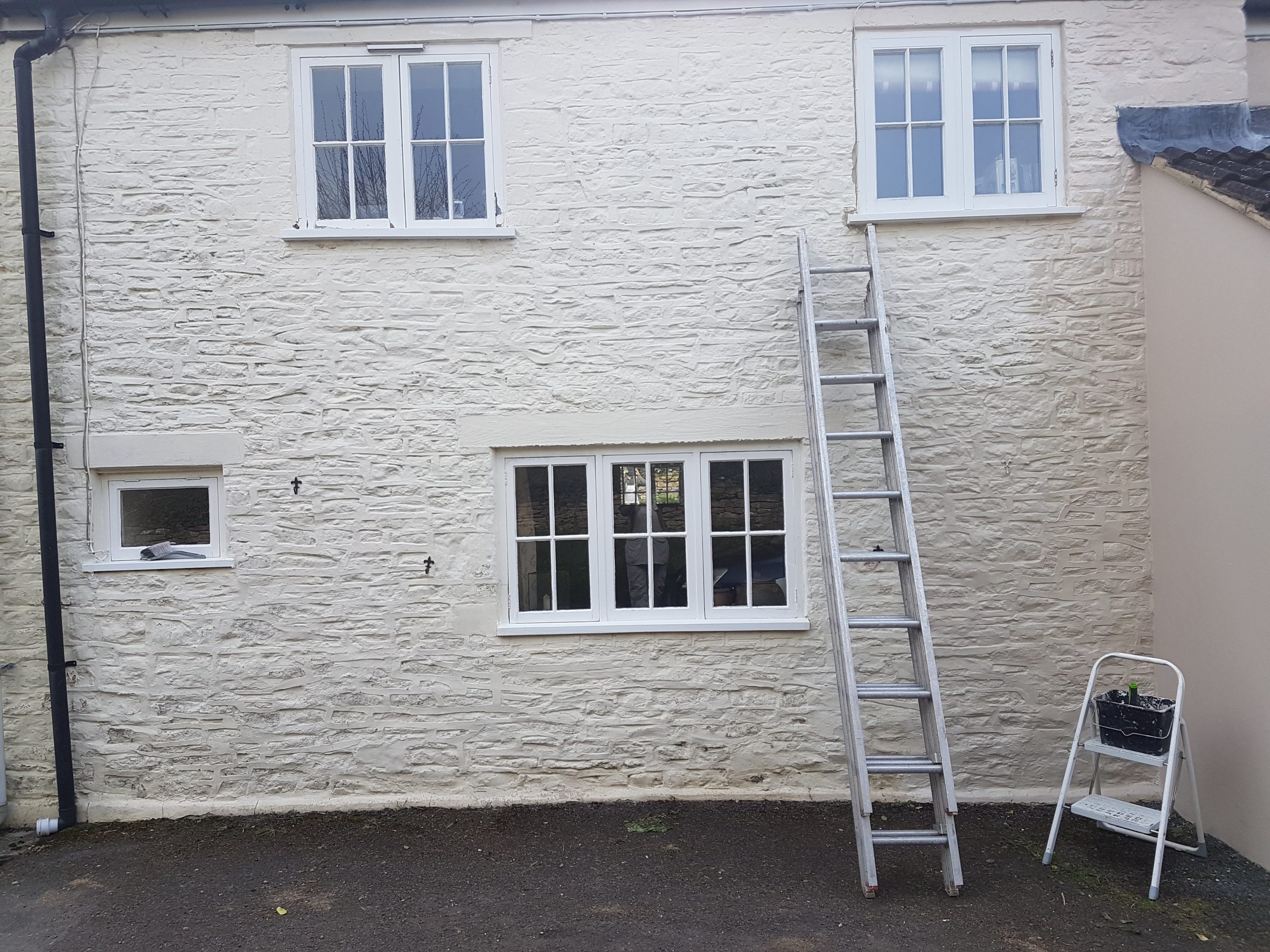 painting|exterior|house|home|garden|sunny|summer|day|white|window|doors|ladder